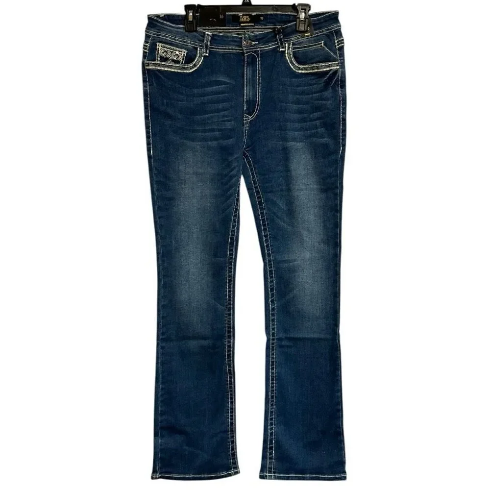 Lucky & Blessed Embroidered Dark Wash Mid Rise Bootcut Jeans NWT - Picture 2 of 12